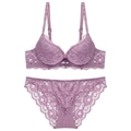 Lace push-up lingerie set in pale purple featuring floral patterns and a small bow - 70A / Purple