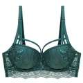 Deep green lace push up bra with floral pattern and cage strap detail on white background - 70A / Tops / Dark Green