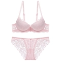 Detailed flat lay of a light pink lace bra and panty set with fine floral embroidery - 70A / Pink
