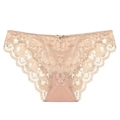 Braga de encaje floral beige de cintura baja con un pequeño lazo de cristal - S / Color Piel