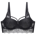Macro detail of black floral lace bra featuring multi-strap accents and wide underband - 70B / Tops / Black
