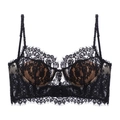 Detalle de bralette de encaje negro con tirantes de seda y botones frontales decorativos - S / Negro