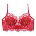 Macro shot of red floral lace bustier showing underwired semi-cups and delicate fabric - M / Red