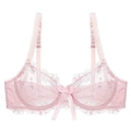 Sheer lace floral embroidery bra in soft pink featuring mesh details and ribbon bow - 70B / Tops / Light Pink