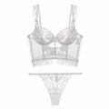 Elegante witte Franse kanten lingerieset met bustiertop en stippen mesh slipje - S / Wit