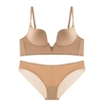 Seamless deep V push-up lingerie set in nude skin tone with mesh detail on panties - 70A / Top And Bottom / Nude