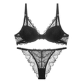 Elegant black lace lingerie set with sheer eyelash lace bra and matching thong - Black
