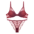 Elegant deep red French lace lingerie set with V-neck bra and matching panties - S / Top And Bottom / Red