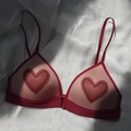 Bralette de encaje con bordado de corazón y cierre frontal sobre fondo de seda suave - 70B / Rojo
