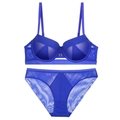 Dunkelblaues Push-up-Lingerie-Set mit transparenten Netz-Einsätzen und Slip - 75B / Blau