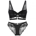 Set lingerie in pizzo nero francese con ricami trasparenti e dettagli a cinturino - 75B / Nero