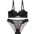 Conjunto de lencería de encaje negro estilo francés con motivos florales y aro metálico - 75B / Negro