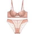 Conjunto de lencería de encaje francés rosa palo con sujetador floral transparente - 75B / Color Piel