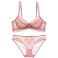 French lace lingerie set with eyelash trim and sheer mesh in dusty rose pink finish - 70A / Top And Bottom / Pink