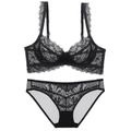 Elegant black eyelash lace lingerie set with floral mesh bra and matching panty - 70A / Top And Bottom / Black