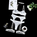 Ensemble lingerie sexy blanc 5 pièces en maille transparente avec porte-jarretelles - S / Modèle Cinq Pièces (MY96615) / Blanc