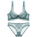 French style eyelash lace lingerie set in dusty blue with sheer mesh and underwire - 70A / Top And Bottom / Grey Blue