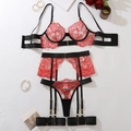 Sexy four-piece red and black floral lace lingerie set with garter belt and thong - S / Black Red