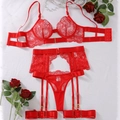 Four-piece red lace lingerie set with floral patterns and matching garter belt - S / Red