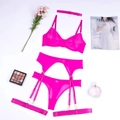 Ensemble de lingerie rose vif avec soutien-gorge dentelle, porte-jarretelles et string - S / Modèle Multi-Pièces (MY96615) / Rouge Rose