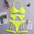 Ensemble de lingerie jaune néon avec porte-jarretelles, string et anneaux de jambe - S / Modèle Quatre Pièces (MY96615) / Jaune Citron