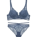 Elegantes dunkelblaues floralen Spitzen-Dessous-Set mit Bügel-BH und passendem Slip - 75B / Graublau