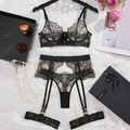 Elegant four-piece black lace lingerie set with floral embroidery and gold accents - S / Black/Nude