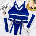 Royal blue sexy lingerie set with silver chains and metal rings four-piece outfit - S / Top And Bottom / Sapphire Blue