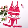Set lingerie sexy rosa acceso con catene metalliche, reggiseno a fasce e reggicalze in piano - Taglia S / Top E Pantaloni / Rosso rosa