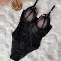 Sexy black lace-up bodysuit lingerie with underwire support and sheer mesh panels - 70B / Black