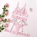 Completo intimo rosa sexy con catene, reggicalze e anelli per le gambe, vista piatta - Taglia S / Top E Pantaloni / Rosa