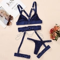 Completo intimo sexy blu scuro con catene metalliche e spalline regolabili 4 pezzi - Taglia S / Top E Pantaloni / Blu scuro