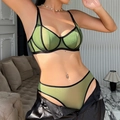 Conjunto de lencería de malla verde transparente con ribete negro y sujetador - M / Verde
