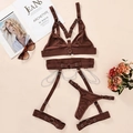 Set lingerie sexy marrone in quattro pezzi con catene metalliche e reggicalze - Taglia S / Top E Pantaloni / Caffè
