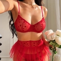 Sexy rotes Dessous-Set mit Herz-Flockmuster, Mesh-BH und passendem Rock mit hoher Taille - M / Rot