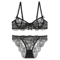 Elegant black floral lace lingerie set with thin straps and delicate bow details - 70B / Black