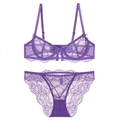 Exquisite purple lace lingerie set featuring sheer floral embroidery and underwire support - 70B / Purple