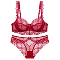 Set lingerie sexy in pizzo rosso francese con ricamo e reggiseno con ferretto - 70E / Borgogna