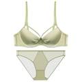 Sage green seamless satin lingerie set with sheer mesh panels and strappy details - Light Green