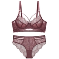 French lace embroidery lingerie set with underwire cups in dusty rose color - 70B / Top And Bottom / Bean Paste Red