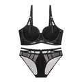 Sexy schwarzes Dessous-Set mit Push-up-BH und transparentem Mesh-Slip mit Schnürung - 70B / Schwarz