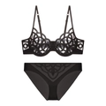 Franse zwarte kanten lingerieset met mesh borduursels en beugelbeha voor dames - S / Boven- En Onderstuk / Slip Set / Zwart