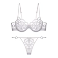 Elegante witte lingerie set van transparante mesh met borduursels en metalen ringen - S / Boven- En Onderstuk / Thong Set / Wit