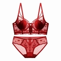 Elegant red lace lingerie set with floral embroidery and front closure bra for women - 70B / Top And Bottom / Red