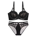 Sexy schwarzes Dessous-Set mit Netzgewebe, Bügel-Push-up-BH und Riemchen-Slip-Set - 75A / Schwarz und Hautfarben