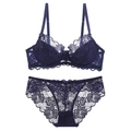 Elegant deep blue lace lingerie set with floral embroidery and adjustable straps - Blue