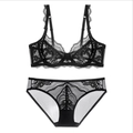 Conjunto de lencería de encaje negro con sujetador push-up y braga de malla transparente - 70A / Negro