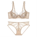 Elegant beige floral lace bra and matching panties set with supportive underwire - 70A / Top And Bottom / Nude