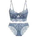 Lace lingerie set in hazy blue featuring underwired bra with letter straps and eyelash trim - 70B / Blue