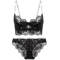 Elegant black lace lingerie set with white branded straps and floral embroidery detail - 70B / Black